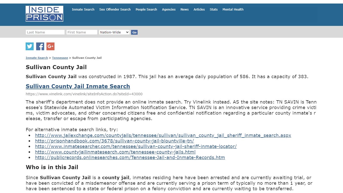 Sullivan County Jail - Tennessee - Inmate Search - Inside Prison